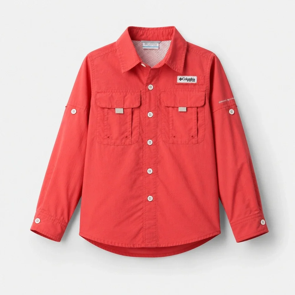 Columbia PFG Fishing Shirt Boys Sm 8 Coral Long Sleeve Roll Tab Omni-Shade READ